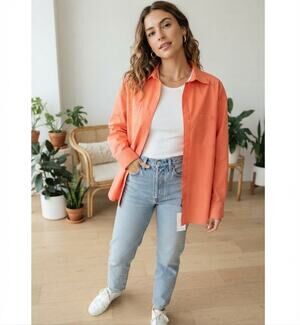 NWT Pepaloves Orange Textured Grid Cotton Utility Button-Down Shirt Size M